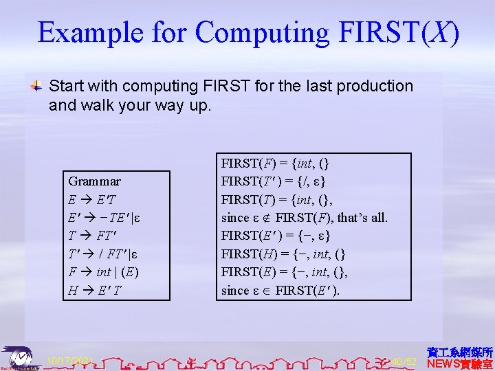 Example for Computing FIRST(X) Start with computing FIRST for the last production and walk