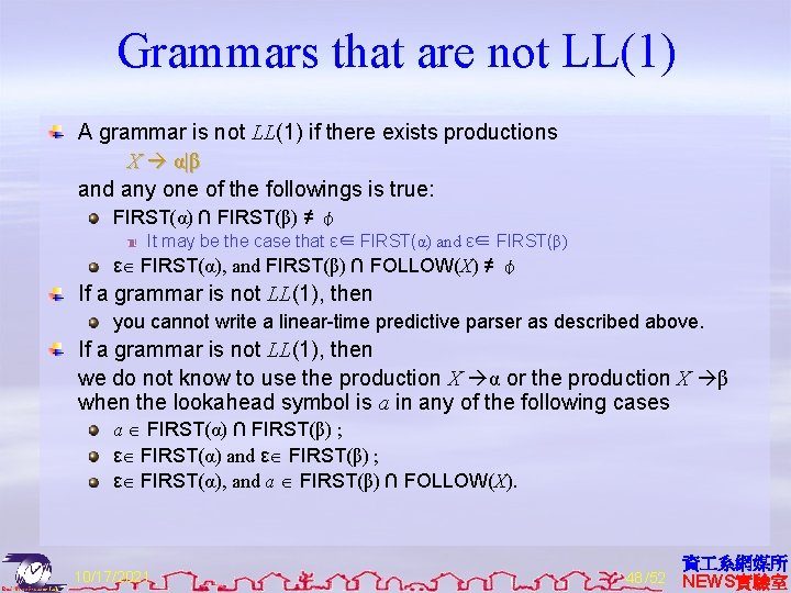 Grammars that are not LL(1) A grammar is not LL(1) if there exists productions