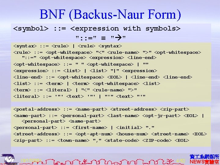 BNF (Backus-Naur Form) <symbol> : : = <expression with symbols> ": : =" ≡