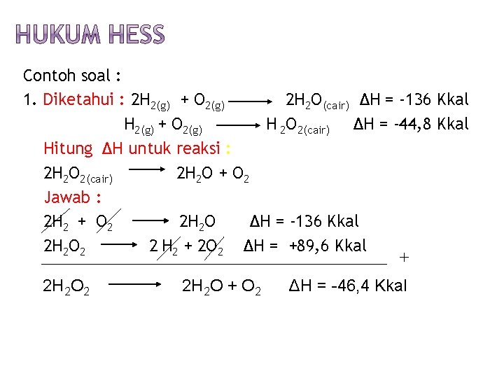 Contoh soal : 1. Diketahui : 2 H 2(g) + O 2(g) 2 H