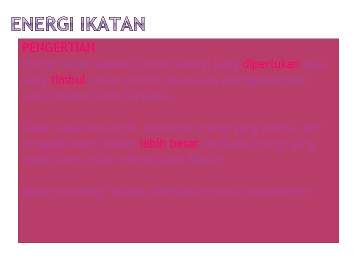 PENGERTIAN Energi ikatan adalah jumlah energi yang diperlukan atau yang timbul untuk memutuskan atau