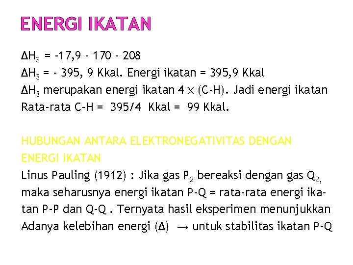 ENERGI IKATAN ΔH 3 = -17, 9 - 170 - 208 ΔH 3 =