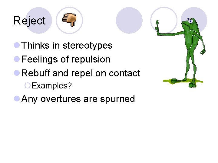 Reject l Thinks in stereotypes l Feelings of repulsion l Rebuff and repel on