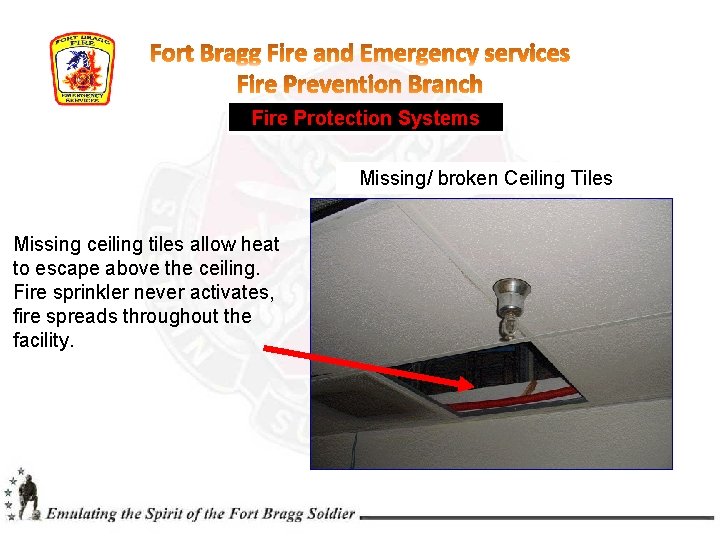 Fire Protection Systems Missing/ broken Ceiling Tiles Missing ceiling tiles allow heat to escape Fire Protection Systems Missing/ broken Ceiling Tiles Missing ceiling tiles allow heat to escape