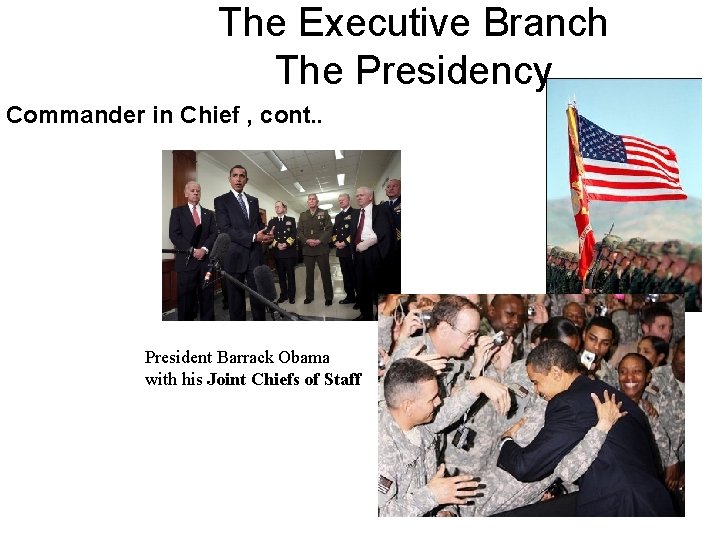 The Executive Branch The Presidency Commander in Chief , cont. . President Barrack Obama