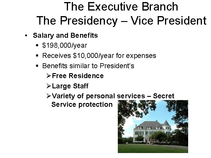 The Executive Branch The Presidency – Vice President • Salary and Benefits § $198,