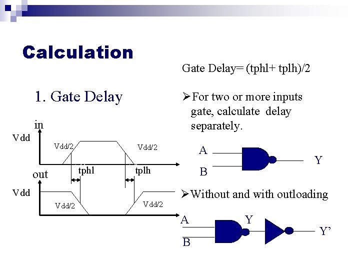 Calculation Gate Delay= (tphl+ tplh)/2 1. Gate Delay ØFor two or more inputs gate,