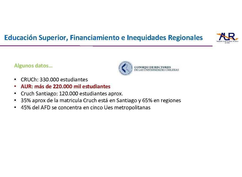 Educación Superior, Financiamiento e Inequidades Regionales Algunos datos… • • • CRUCh: 330. 000