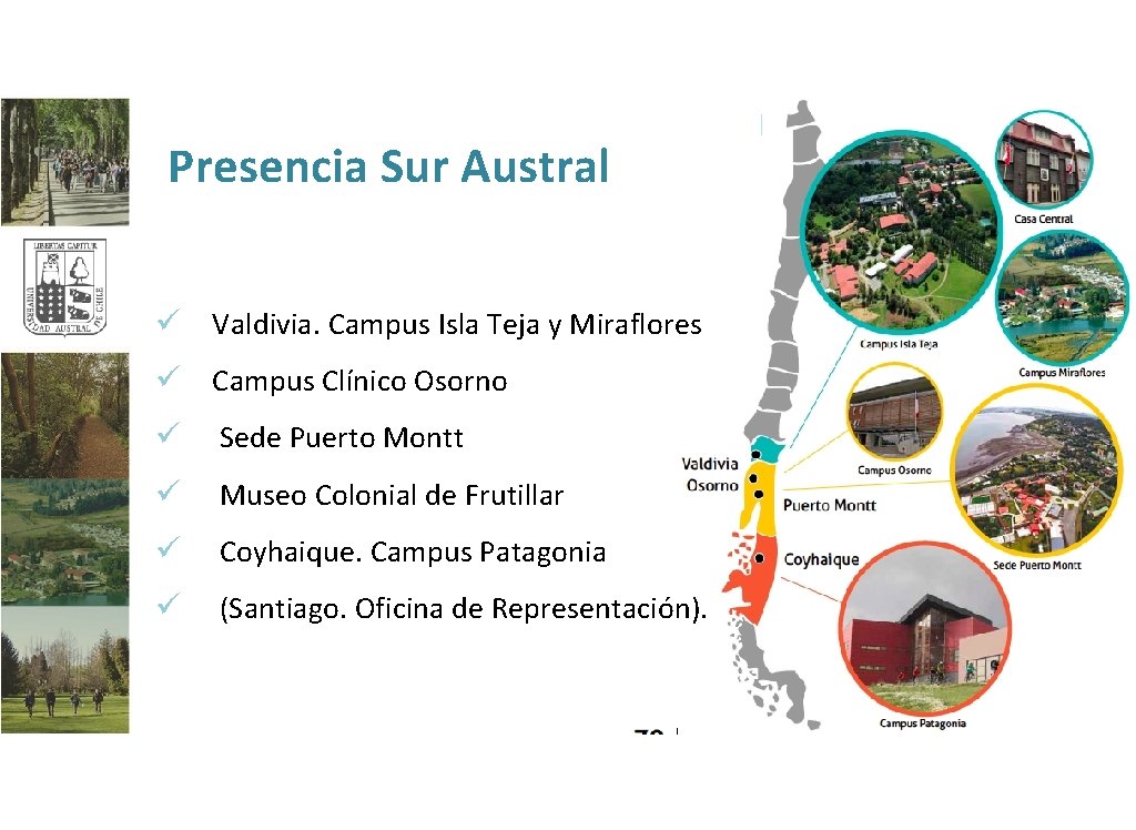 Presencia Sur Austral ü Valdivia. Campus Isla Teja y Miraflores ü Campus Clínico Osorno