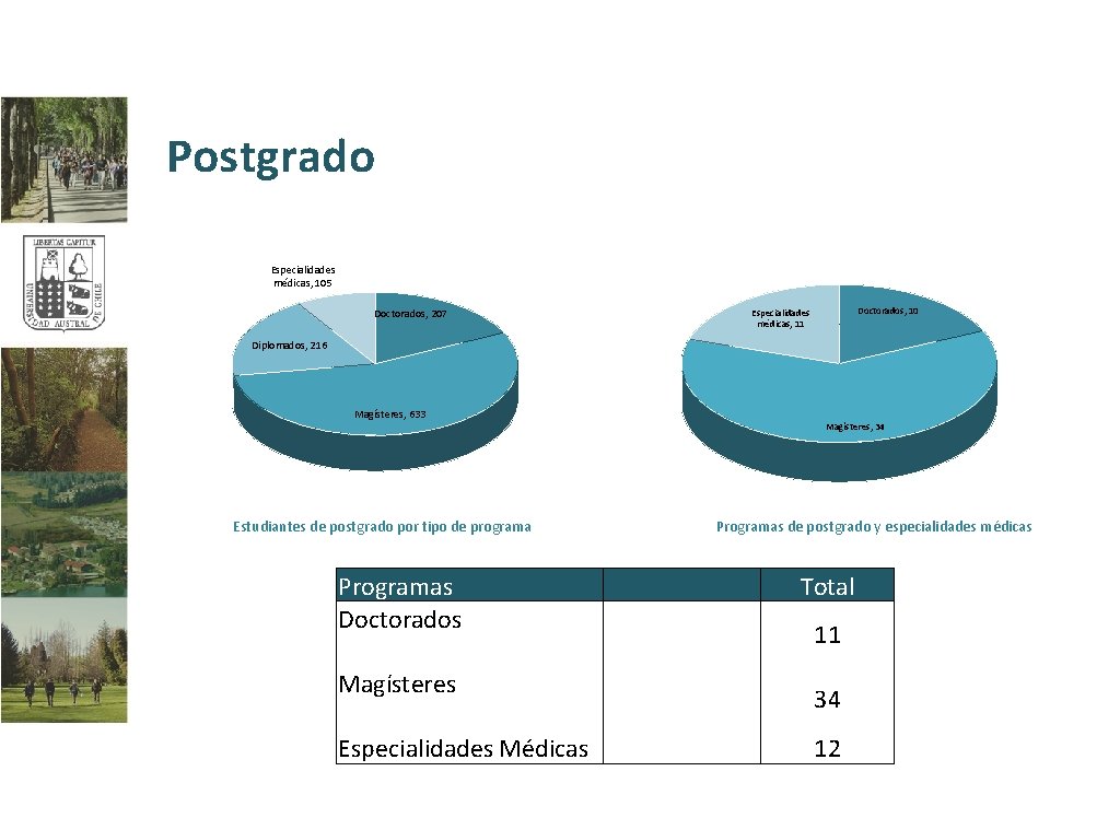 Postgrado Especialidades médicas, 105 Doctorados, 207 Doctorados, 10 Especialidades médicas, 11 Diplomados, 216 Magísteres,