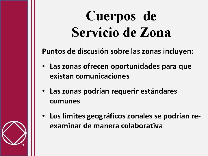 Cuerpos de Servicio de Zona Puntos de discusión sobre las zonas incluyen: • Las