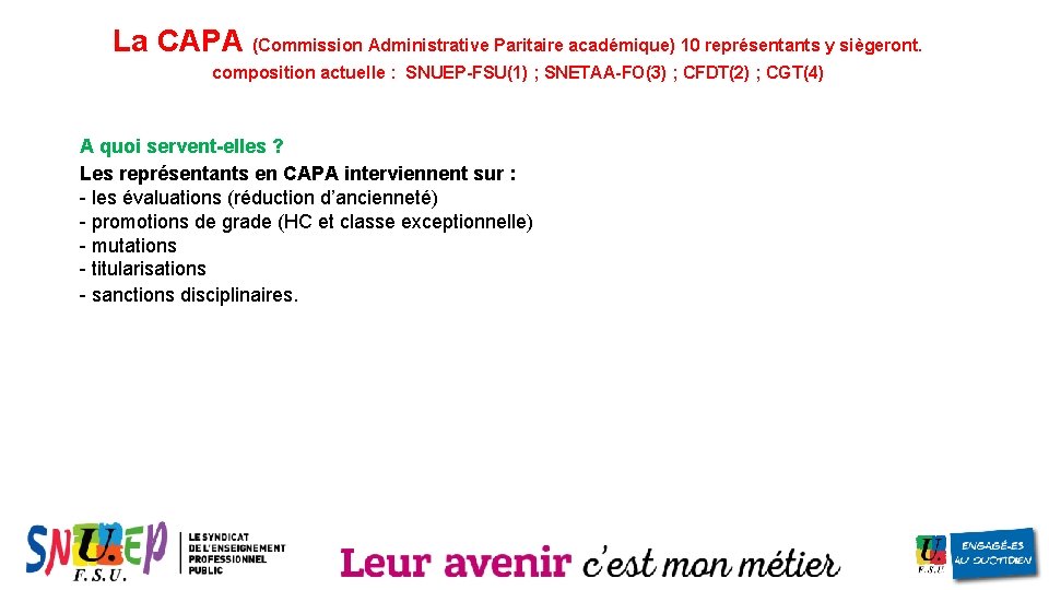 La CAPA (Commission Administrative Paritaire académique) 10 représentants y siègeront. composition actuelle : SNUEP-FSU(1)