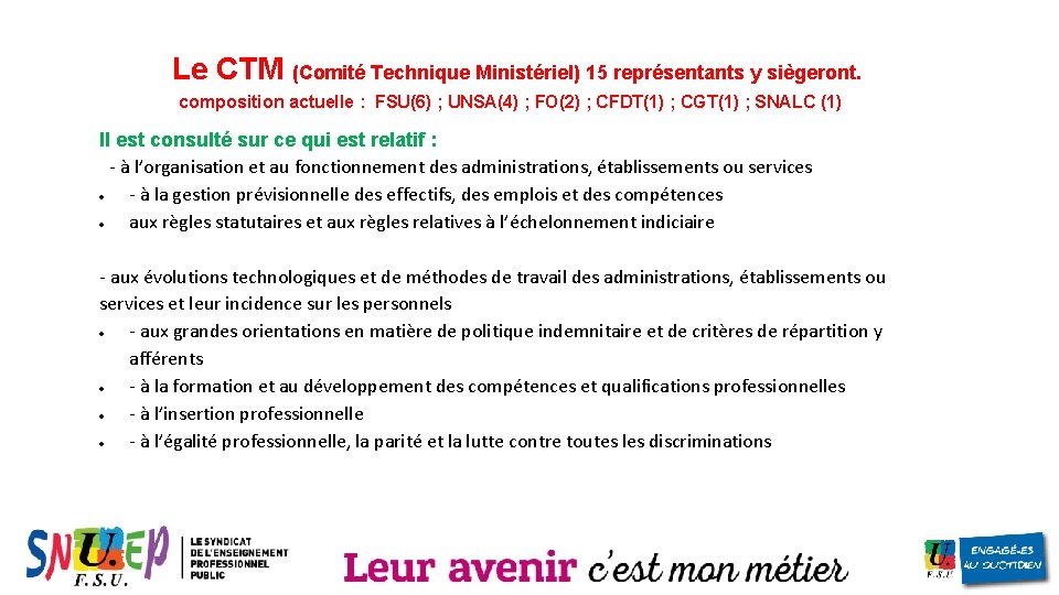 Le CTM (Comité Technique Ministériel) 15 représentants y siègeront. composition actuelle : FSU(6) ;