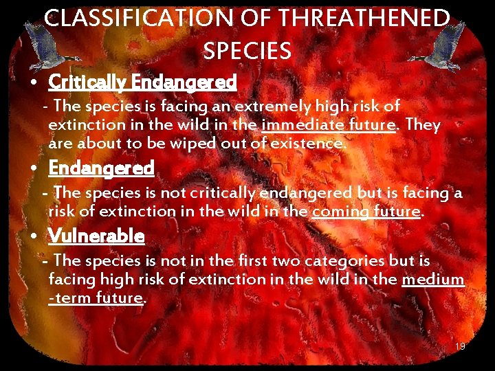CLASSIFICATION OF THREATHENED SPECIES • Critically Endangered - The species is facing an extremely