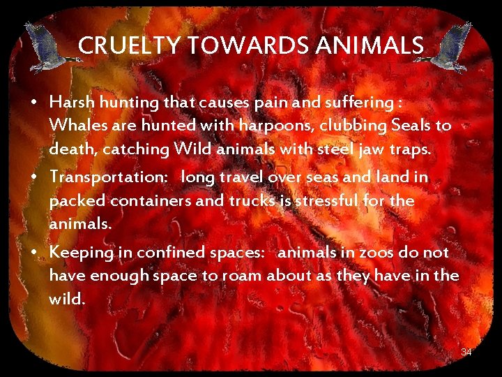 CRUELTY TOWARDS ANIMALS • Harsh hunting that causes pain and suffering : Whales are