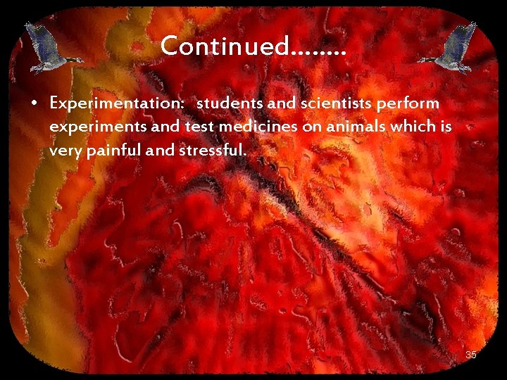 Continued……. . • Experimentation: students and scientists perform experiments and test medicines on animals