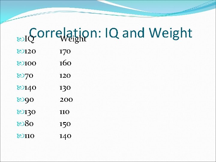 Correlation: IQ and Weight IQ 120 100 70 140 90 130 80 110 170