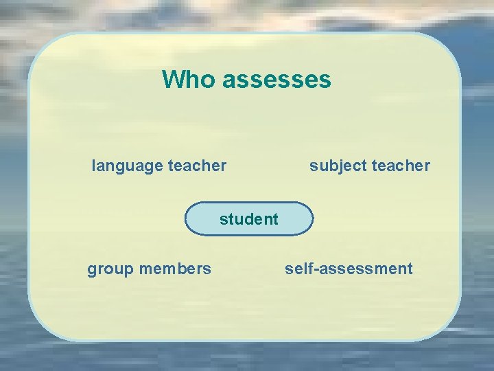 Who assesses language teacher subject teacher student group members self-assessment 