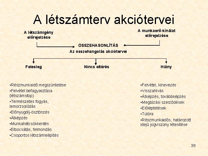 A létszámterv akciótervei A munkaerő-kínálat előrejelzése A létszámigény előrejelzése ÖSSZEHASONLÍTÁS Az összehangolás akciótervei Felesleg