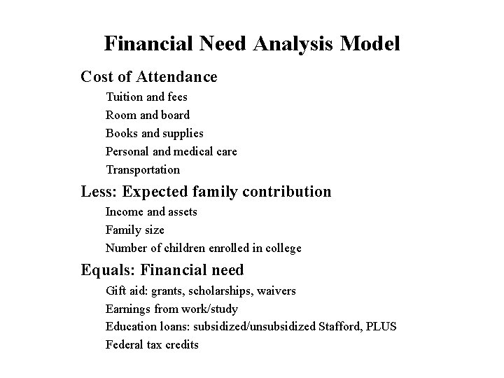 Financial Need Analysis Model Cost of Attendance Tuition and fees Room and board Books