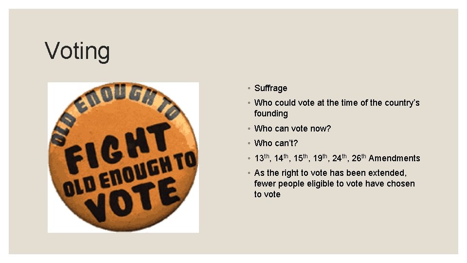 Voting ◦ Suffrage ◦ Who could vote at the time of the country’s founding