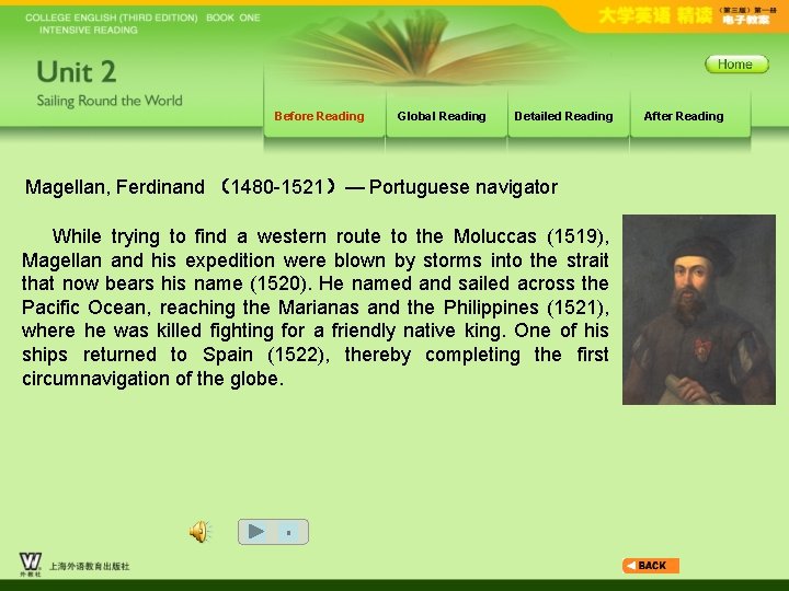 Before Reading Global Reading Detailed Reading Magellan, Ferdinand （1480 -1521）— Portuguese navigator While trying