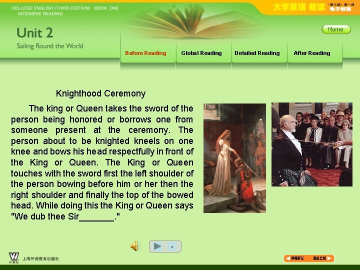 Before Reading Global Reading Knighthood Ceremony The king or Queen takes the sword of