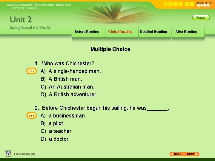 Before Reading Global Reading Detailed Reading Multiple Choice 1. Who was Chichester? KEY A)