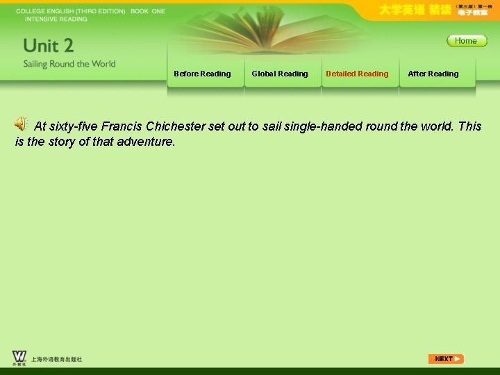 Before Reading Global Reading Detailed Reading After Reading At sixty-five Francis Chichester set out