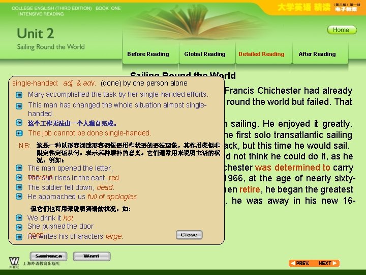 Before Reading Global Reading Detailed Reading After Reading Sailing Round the World single-handed: adj.
