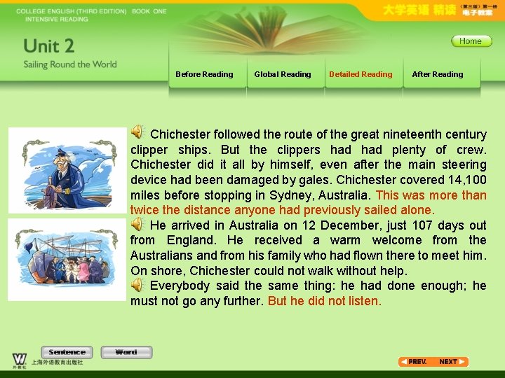 Before Reading Global Reading Detailed Reading After Reading Chichester followed the route of the