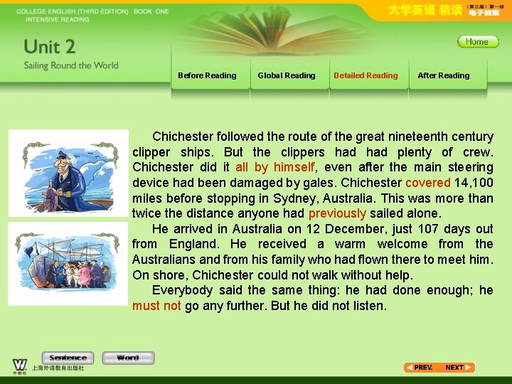 Before Reading Global Reading Detailed Reading After Reading Chichester followed the route of the