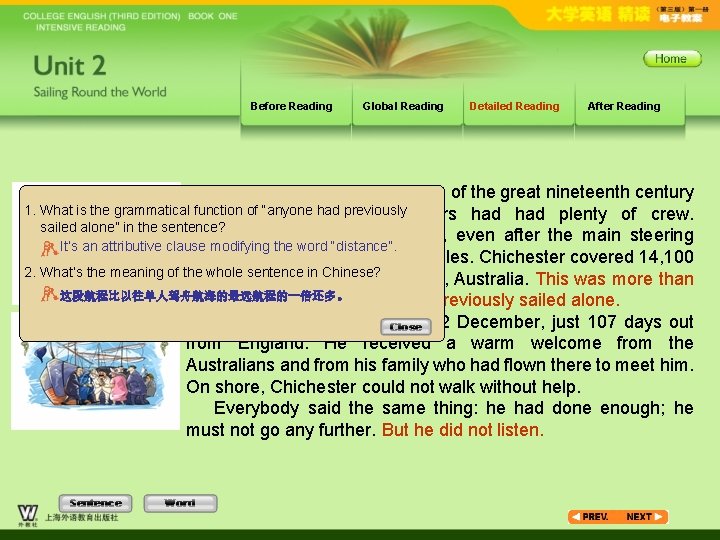 Before Reading Global Reading Detailed Reading After Reading Chichester followed the route of the