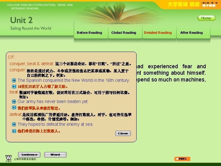 Before Reading Global Reading CF: conquer, beat & defeat 这三个词都是动词，都有“打败”、“胜过”之意。 Like many other adventurers,