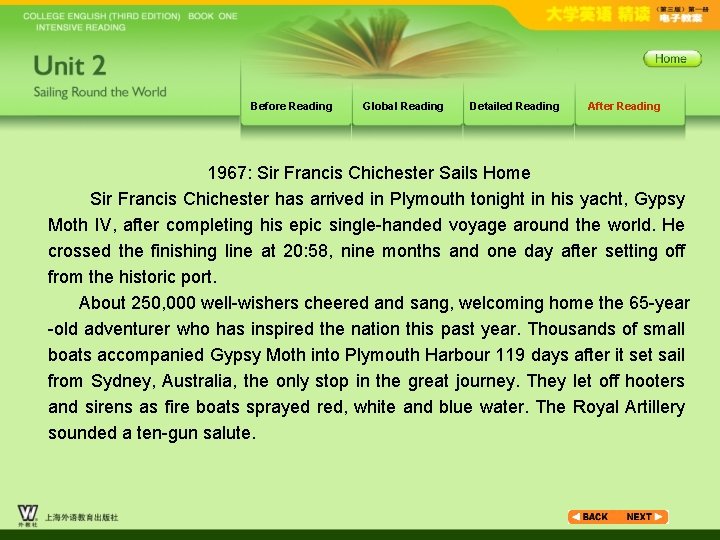 Before Reading Global Reading Detailed Reading After Reading 1967: Sir Francis Chichester Sails Home
