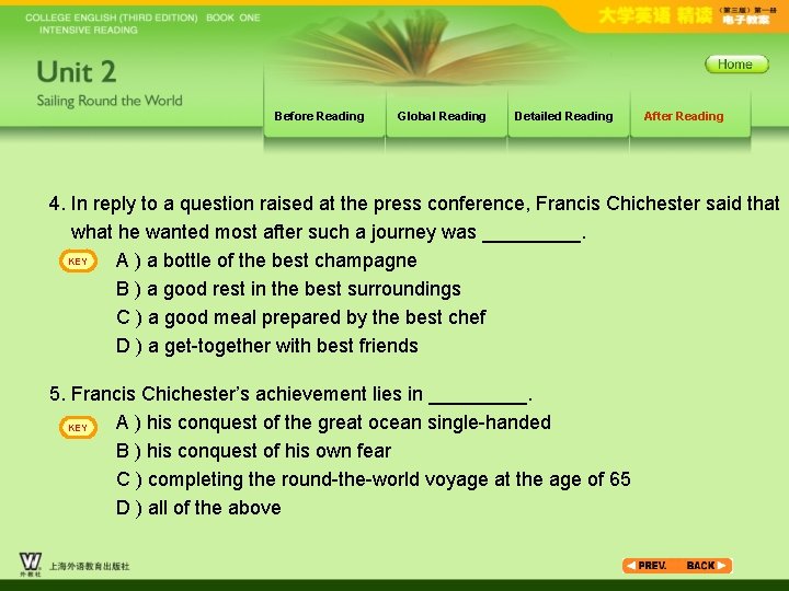 Before Reading Global Reading Detailed Reading After Reading 4. In reply to a question