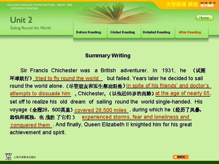 Before Reading Global Reading Detailed Reading After Reading Summary Writing Sir Francis Chichester was