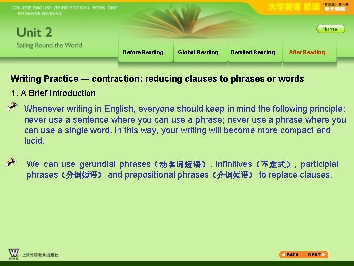 Before Reading Global Reading Detailed Reading After Reading Writing Practice — contraction: reducing clauses