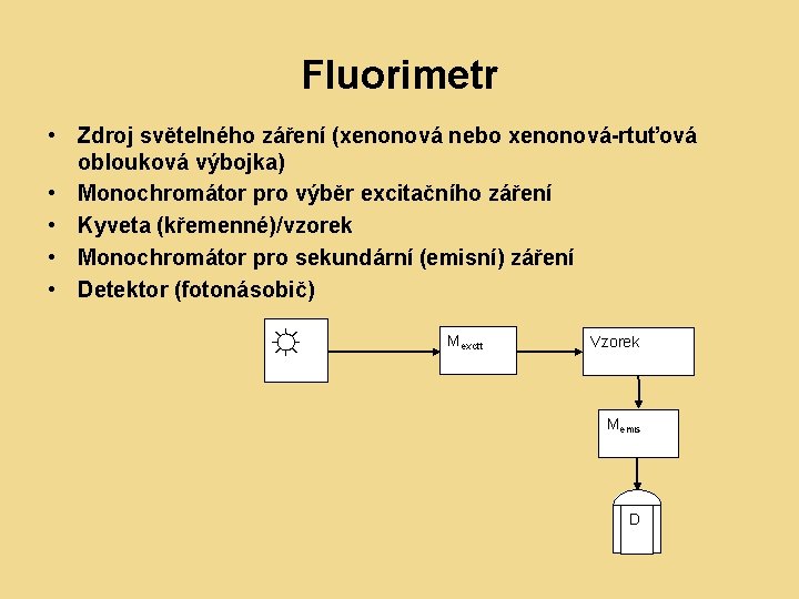 Fluorimetr • Zdroj světelného záření (xenonová nebo xenonová-rtuťová oblouková výbojka) • Monochromátor pro výběr