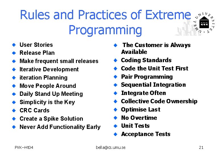 Rules and Practices of Extreme Programming User Stories Release Plan Make frequent small releases