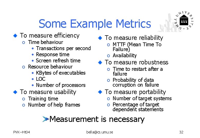 Some Example Metrics To measure efficiency o Time behaviour • Transactions per second • Some Example Metrics To measure efficiency o Time behaviour • Transactions per second •