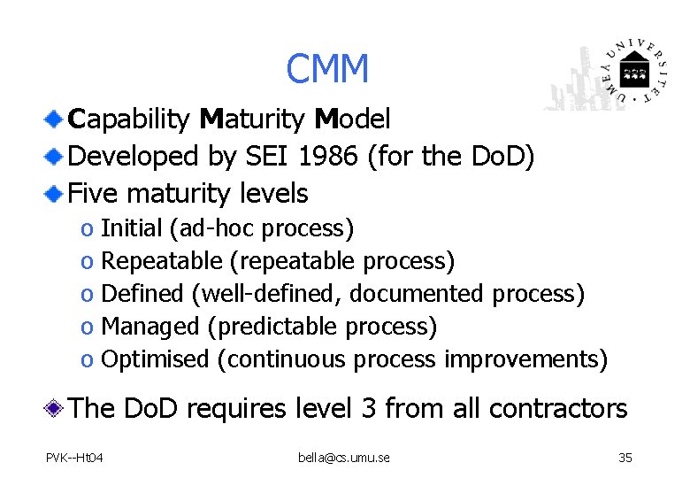 CMM Capability Maturity Model Developed by SEI 1986 (for the Do. D) Five maturity