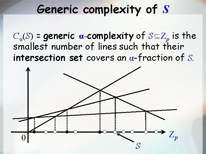 Generic complexity of S Cα(S) = generic α-complexity of S Zp is the smallest