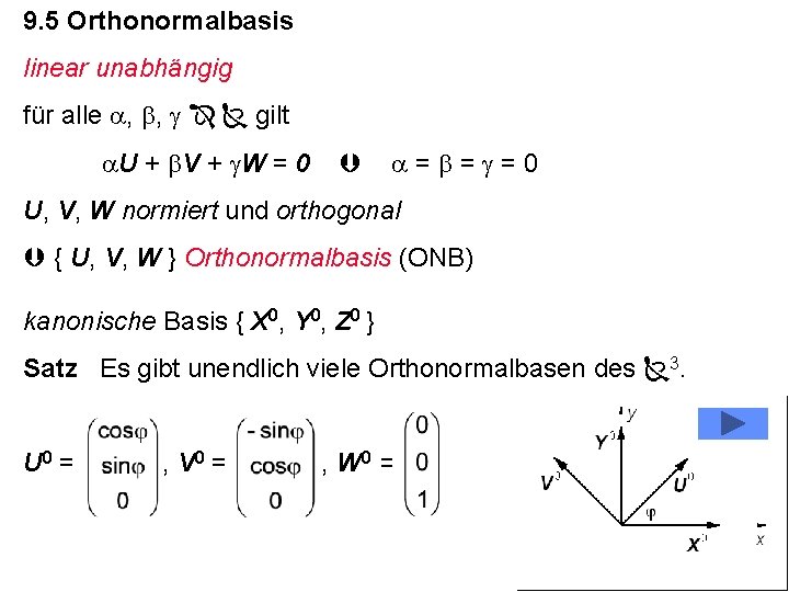 9. 5 Orthonormalbasis linear unabhängig für alle a, b, g gilt a. U +