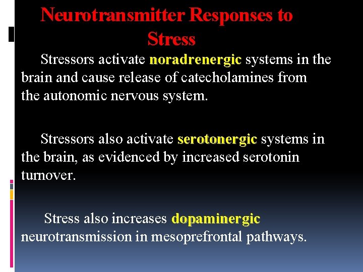 Neurotransmitter Responses to Stressors activate noradrenergic systems in the brain and cause release of