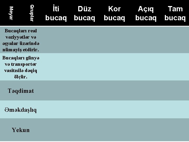 Qruplar Meyar Bucaqları real vəziyyətlər və əşyalar üzərində nümayiş etdirir. Bucaqları günyə və transporter