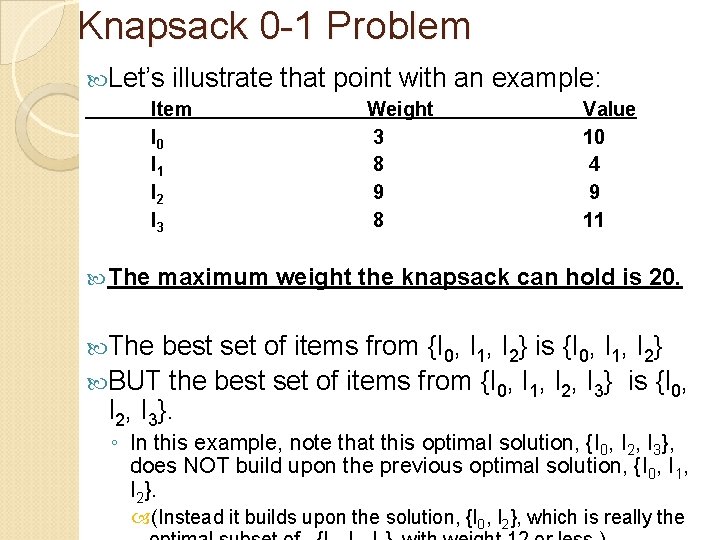 Knapsack 0 -1 Problem Let’s illustrate that point with an example: Item I 0