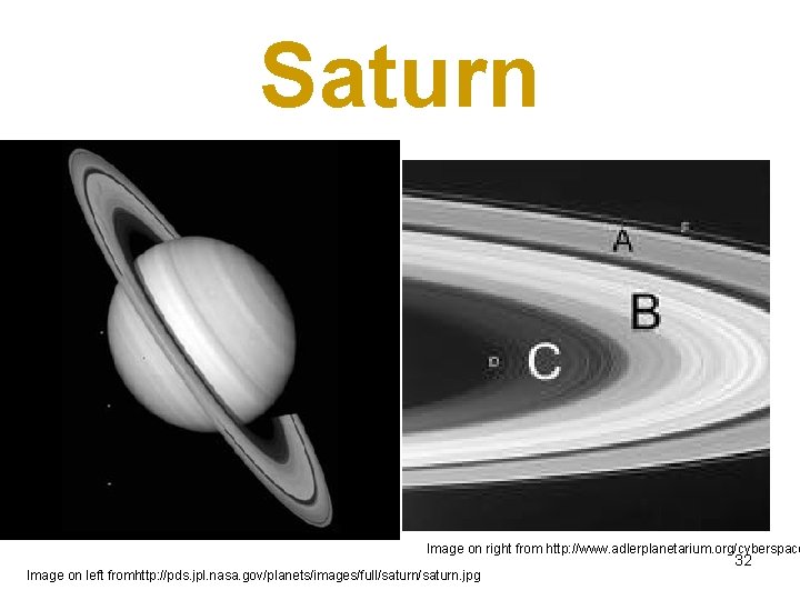 Saturn Image on right from http: //www. adlerplanetarium. org/cyberspace Image on left fromhttp: //pds.