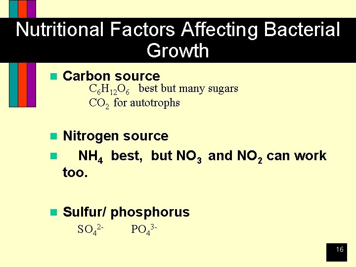 Nutritional Factors Affecting Bacterial Growth n Carbon source C 6 H 12 O 6