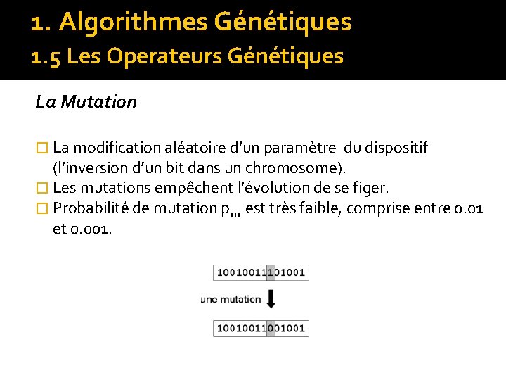 1. Algorithmes Génétiques 1. 5 Les Operateurs Génétiques La Mutation � La modification aléatoire